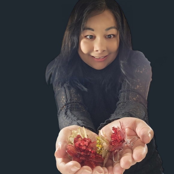 RED AND GOLD GLITTER FLOWER ORNAMENTS SET OF 4 - Picture 7 of 7